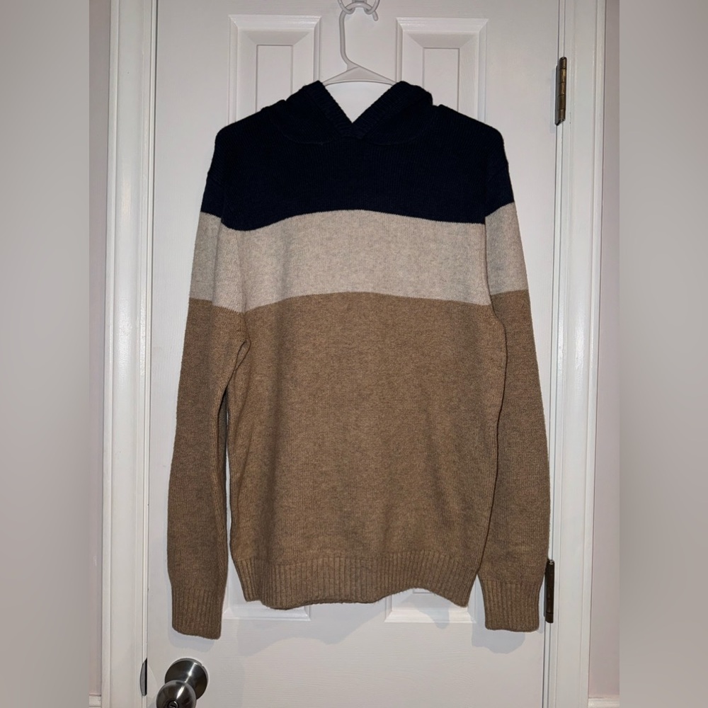 NEW Goodfellow Color-block Hoodie Sweater Blue, Cream & Tan  Dapper Brown   NWT - Picture 2 of 11